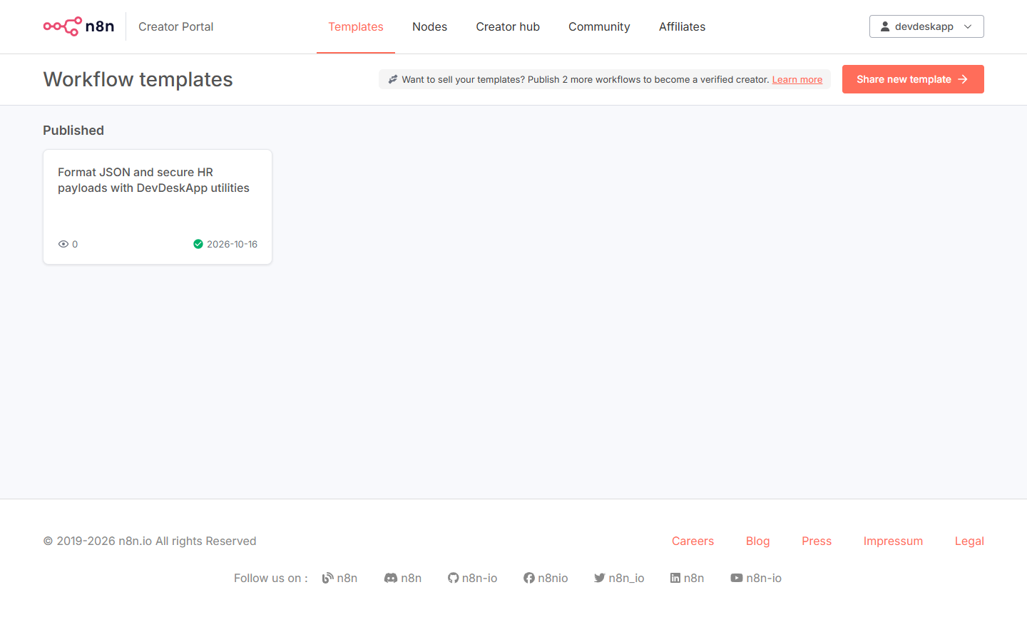 DevDeskApp Template Published on n8n Creator Portal