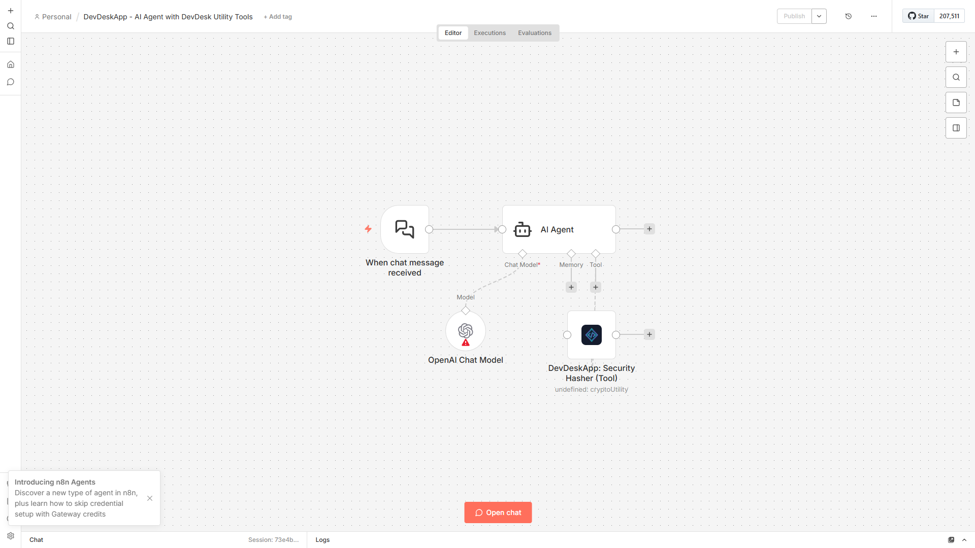 n8n AI Agent with DevDeskApp Security Hasher Tool